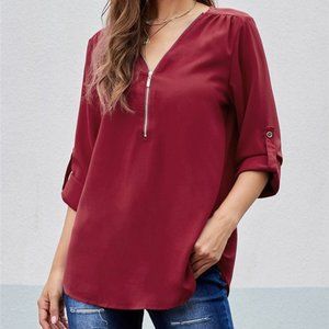 Red 3/4 Sleeve Top with Zipper
